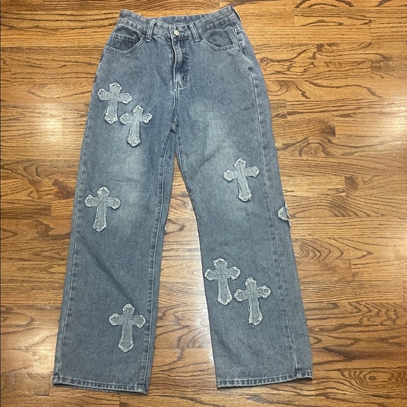 Denim Jeans with Cross Patches size medium, made by Romwe - Picture 1 of 10